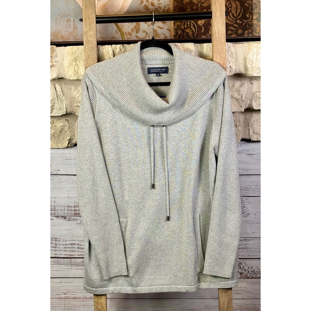 Jones New York Signature Woman 1X Grey Silver Metallic Cowl Neck Sweater